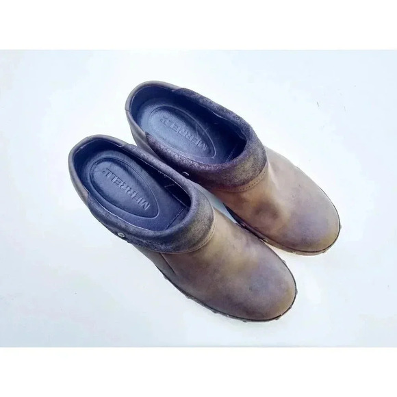 Merrell Womens Luxe Wrap Clog Mule Shoes Brown Black Leather Slip On Studded 9 - Picture 1 of 9